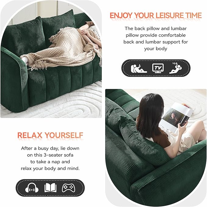 Corduroy Boneless Living Room Sets, Modern Upholstered 3 Seater Sofa with 2 Signle Accent Chairs, Comfy Deep Seat Cloud Sofa Couch Sets for Living Room, Green