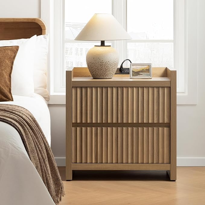 SICOTAS Night Stand Fluted Nightstands with Charging Station- Modern 2 Drawers Nightstand 25" Tall Bedside Table End Table, Large Night Stands for Bedroom, Living Room Sofa Side (Caramel Oak, 1 Piece)