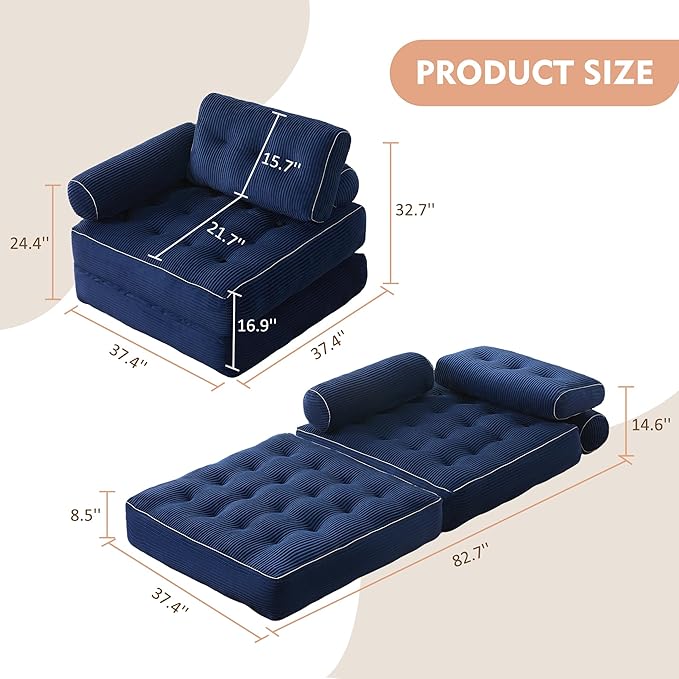 Plus Futon Sofa Bed for Small Spaces, Floor Couch with Armrest, Folding Sofa Couch, Convertible Sleeper Chair Bed with Pillow, Portable Comfy Floor Lounge for Living Room and Bedroom, Blue