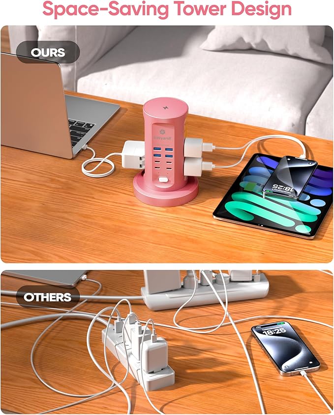 Power Strip Tower, kakyanill Surge Protector Tower 9 AC Outlets 8 USB (4 USB C), 6 Ft Retractable Extension Cord, Charging Station for Office Dorm Room, Pink