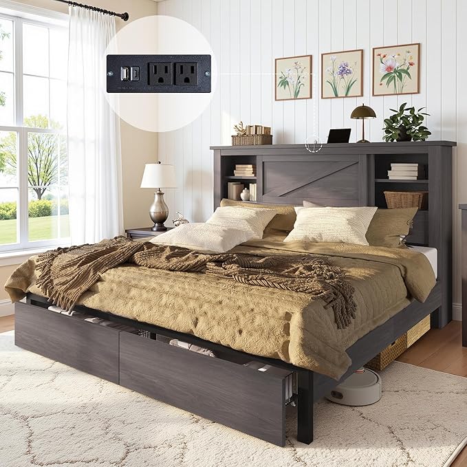 AMERLIFE 47.2" H Queen Bed Frame with Hidden Space Bookcase Headboard and Charging Station, Beds with 2 Storage Drawers and Wood Slats, No Box Spring Needed, Grey