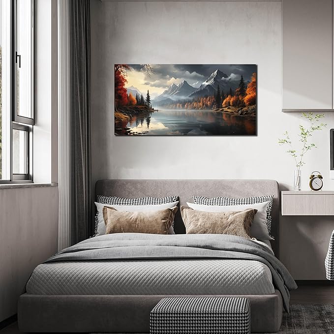Landscape Wall Art for Living Room Bedroom Home Office Gray Wall Art Mountain Lake Pictures Modern Landscape Large Artwork Framed Canvas Prints 20x40 Inch
