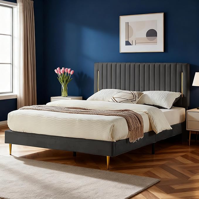 Queen Platform Bed Frame, Velvet Upholstered Bedframe with Vertical Channel Adjustable Headboard, Golden Plating Trim, Mattress Foundation with Wooden Slats, No Box Spring Needed, Grey