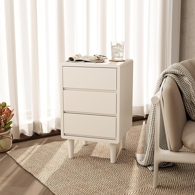 Tall Nightstand White Night Stand with 3 Drawers Mid Century Modern Nightstand with Storage,Solid Wood Night Stand,Small Bedside Table for Bedroom,Living Room,Office,White Bedside Table