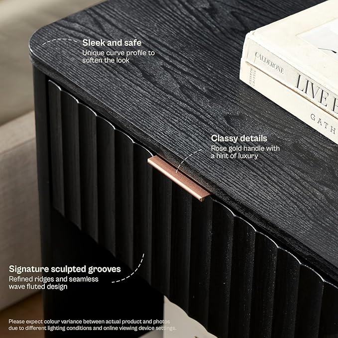 mopio Brooklyn Fluted Nightstand, Modern Farmhouse Nightstand, Small Side, Wood Bedside Table with Drawer, End Table with Storage, Fluted Night Stand, Curved Profile (Black Oak, Set of 2)