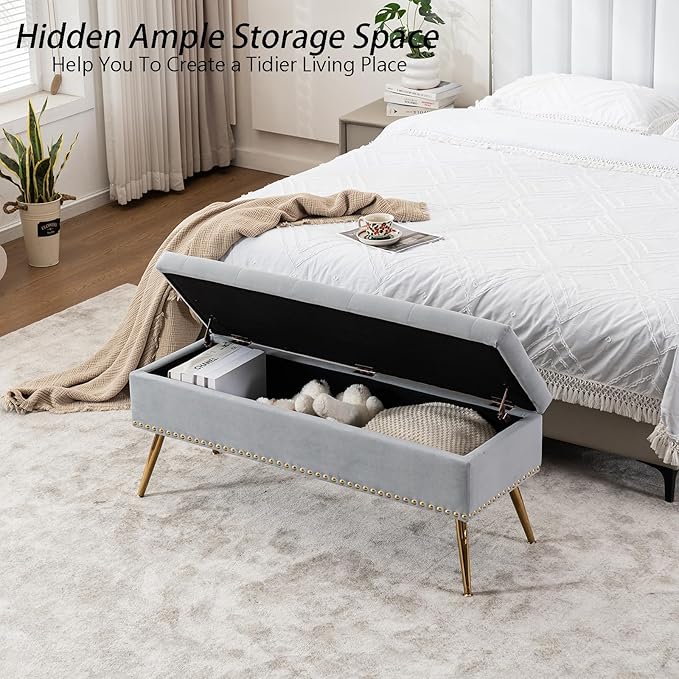 Velvet Storage Bench with Gold Legs& Nailhead Trim, 46" Wide Upholstered Modern Bedroom Bench for End of Bed, Tufted Ottoman for Entryway Living Room Dining Room (Gray, 46" Wide)