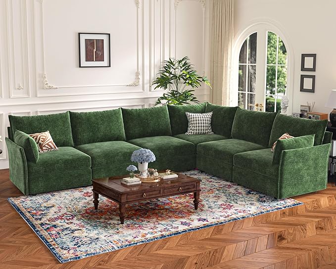 ABCASA 135.5" Oversized Modular Sectional Sofa, L Shaped Convertible Couch with Movable Ottoman, 5 Seat Corner Couches for Living Room Deep Seat Green Chenille
