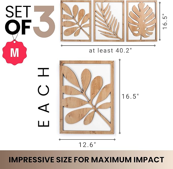 qmmp Modern Wooden Wall Sculptures - Set of 3 - Home Decor Accent - Large Wall Art for Living Room, Bedroom, Office - Easy Installation (Oak, Medium - Tree Leaves)