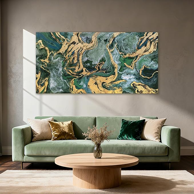 YETHEN WAL Green and Gold Abstract Canvas Wall Art 24×48 inch Horizontal, Emerald Marble Fluid Art, Gallery Wrapped, Ready to Hang, Modern Luxury Decor for Living Room Bedroom Entryway