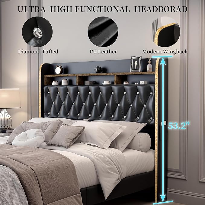 King LED Bed Frame with 2 Storage Drawers, PU Upholstered Platform Beds with Galaxy Star Projector Charging Station Speaker, Aurora Bedframe with 2-Tier Storage Headboard, Noise-Free, Black