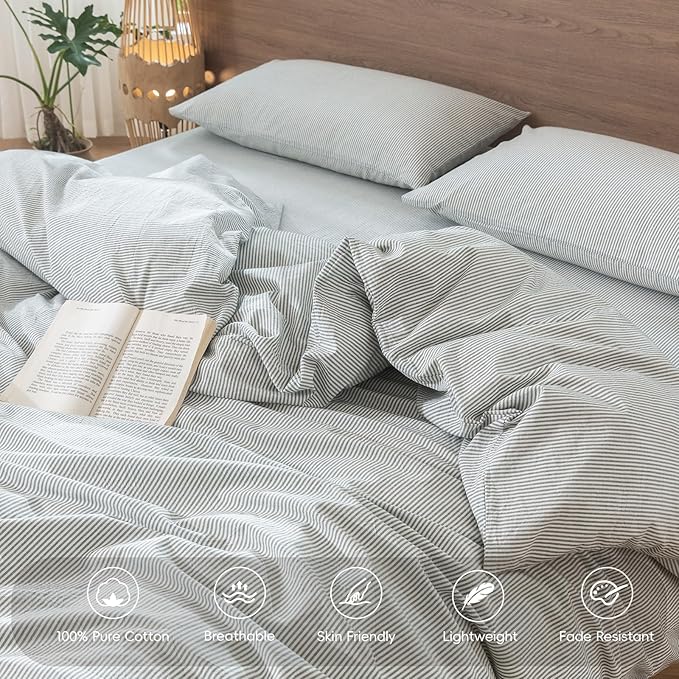 MooMee Striped Duvet Cover Set 100% Washed Cotton Linen Like Textured Breathable Durable Soft Comfy (Heathered Green Pinstripes, Oversized King Plus 128"x120")