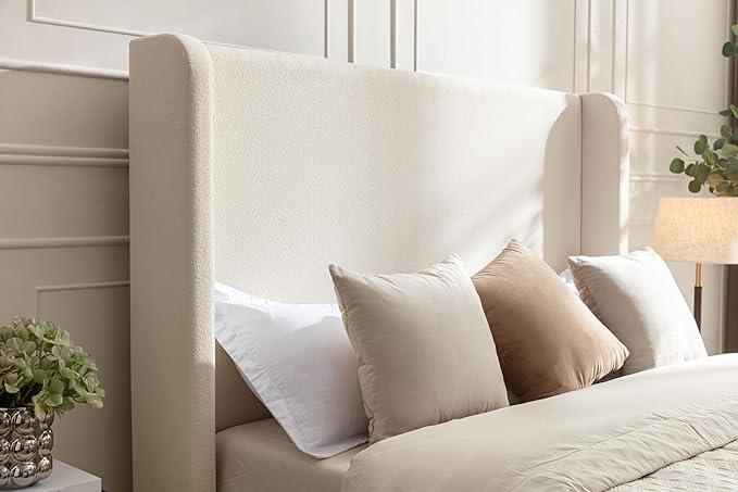 California King Size Upholstered Bed Frame, Platform Bed Frames with 54" Tall Headboard Wingback, Strong Wood Slats Support/No Box Spring Needed/Elegant Simplicity/No Noise, Beige Boucle