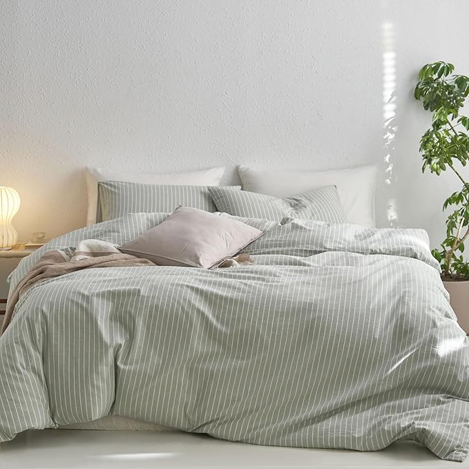 MooMee Striped Duvet Cover Set 100% Washed Cotton Linen Like Textured Breathable Durable Soft Comfy (Sage Green White Wide Stripes, Twin 68"x90")