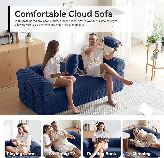 Convertible Sofa Bed with Corduroy Pillow,Comfy Floor Sofa Bed Compressed Sofa in Box, Convertible Sofa Bed for Living Room Bedroom Lounge Studio, Comfy High Density Foam Mattress(Navy Blue)