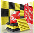 Sonicism Acoustic Panels Self-Adhesive Pyramid 12 Pack,12" X 12" X 2" Sound Proof Foam Panels for walls,35kg/m³High Density Soundproof Wall Panels Fast Expand,Sound Absorption&Decoration(Black/Yellow)