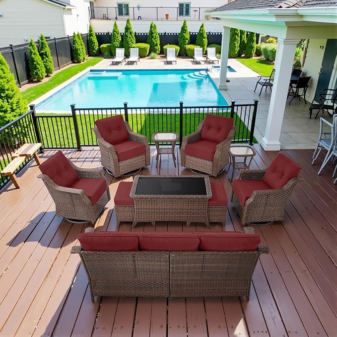 10 Piece High Back Outdoor Patio Furniture Set - Patio Conversation Set with Swivel Rocker Outdoor Chairs Set of 4 and 3 Seater Sofa, Wicker Ottoman and Coffee Table for Garden Backyard