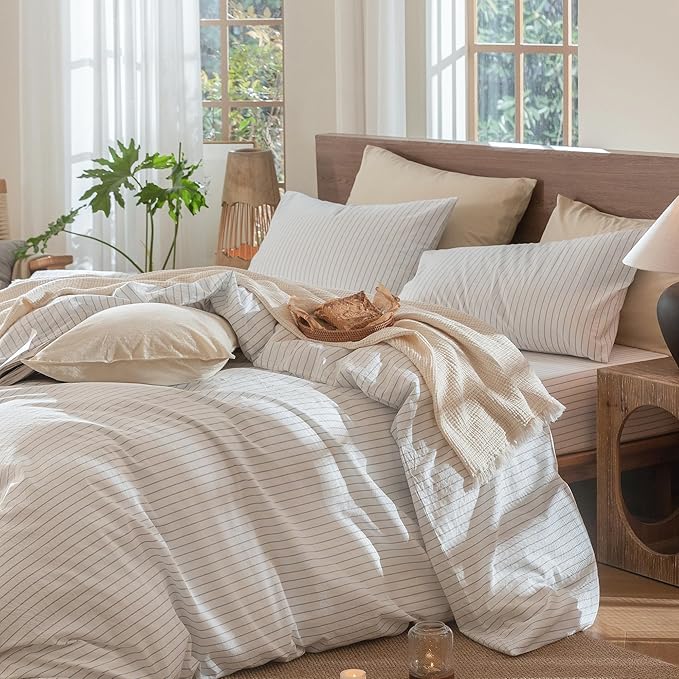 MooMee Striped Duvet Cover Set 100% Washed Cotton Linen Like Textured Breathable Durable Soft Comfy (White Cornflower Blue Wide Stripes, Super King Plus 120"x120")
