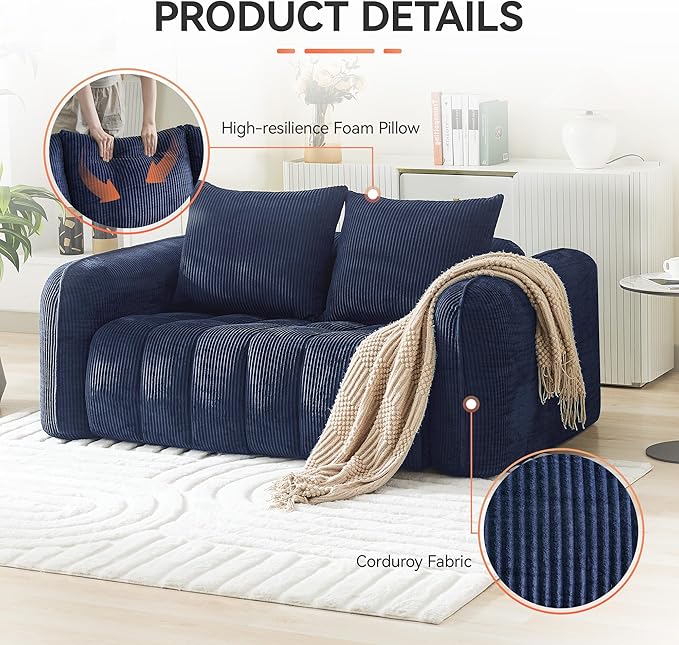 Corduroy Boneless Living Room Sets, Modern Upholstered Loveseat with 2 Signle Sofa Chairs, Comfy Deep Seat Cloud Sofa Couch Sets for Living Room, Navy