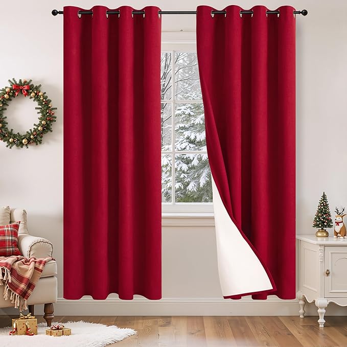Linen Blackout Curtains for Christmas 72 Inch Long, 100% Black Out Red Thermal Curtains for Bedroom Winter Decor, Thick Heavy Insulated Window Drapery for Nursery, Each 52x72 Inch 2 Panels