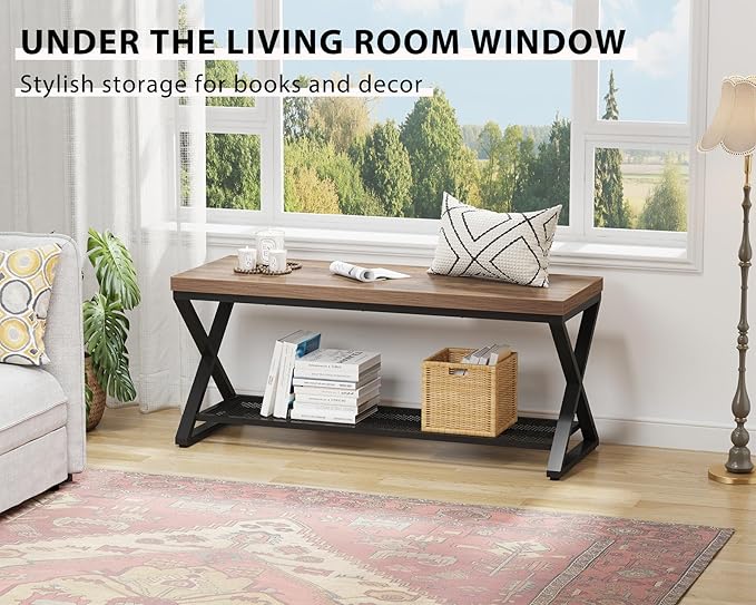 LVB Entryway Shoe Bench with Storage, 39” Entryway Bench for Foyer Hallway, Farmhouse Wood and Metal Indoor Bench for Entrance, Shoe Rack Storage Bench with Sitting for Living Room, Rustic Oak, 39 in