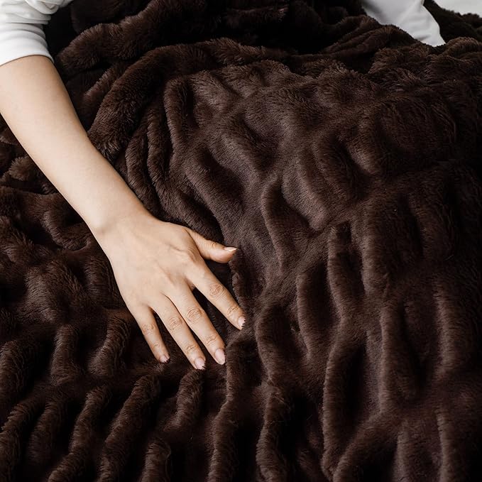 BATTILO HOME Dark Brown Faux Fur Throw Blanket for Couch, Double Side Reversible Ruched Rabbit Fur Blanket for Couch, Bed, Sofa, Soft Warm Mink Cozy Blanket, 50x60 Inch