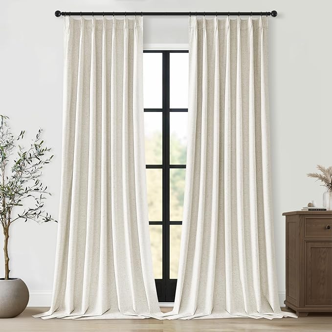 Topfinel Extra Long Total Blackout Linen Curtains 108 Inches Long for Living Room Large Window with Hooks Rings, Pinch Pleated Cold Blocking Acoustic Heavy Ivory Track Curtains 2 Panels 9 FT