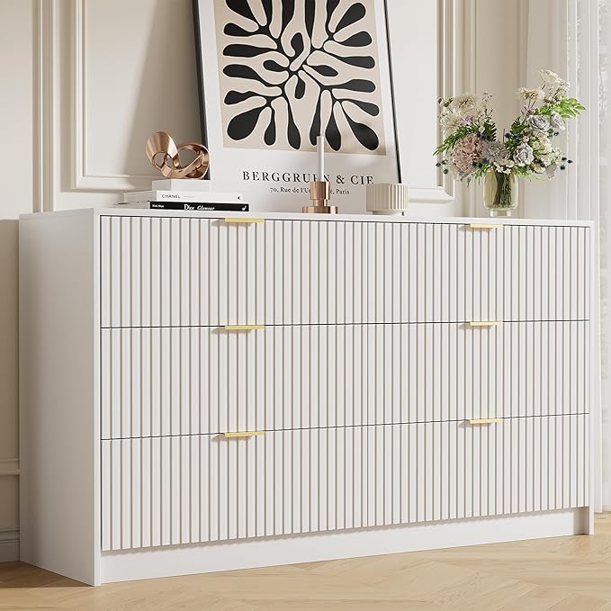 White Dresser for Bedroom, Modern Dresser with 6 Drawers and Smooth Slides, Wide Chest of Drawers with Golden Handles for Bedroom, Living Room, Closet, 15.7" D x 55.1" W x 31.4" H