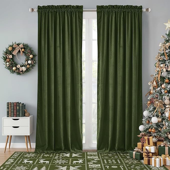 StangH Moss Green Curtains Velvet - Luxury Blackout Green Curtains for Holiday Decoration, Soft Thermal Window Treatments for Loft/Bedroom, W52 x L96, 2 Panels