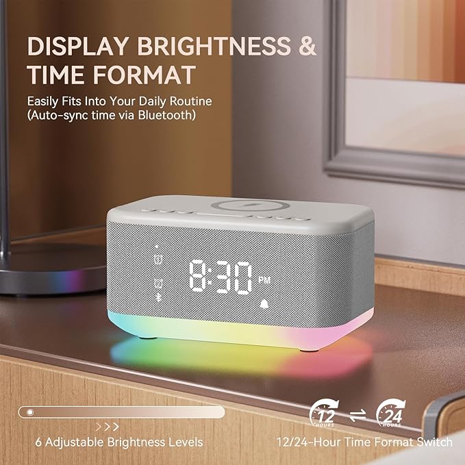 Wireless Charging Alarm Clock Bedroom, Loud Digital Alarm Clocks Bedrooms, Alarm Clock Night Light Speaker 8W Snooze Dual Alarm 12/24H Adjustable Brightness Dimmer Bluetooth, Grey