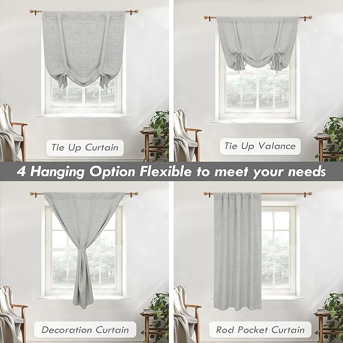 DriftAway Double Layer Linen Blackout Tie Up Curtains Thermal Insulated Fully Lined Balloon Roman Shade Bathroom Window Adjustable Rod Pocket for Small Window 25 Inch by 47 Inch Gray