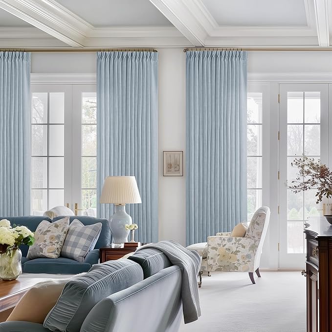 Dusty Blue Linen Pinch Pleated Curtains 108 Inches Long 2 Panels for Living Room Bedroom Light Filtering Drapes 108 Inch Length Sky Grey Blue Semi Sheer Memory Shape Trained Ceiling Floor Curtain