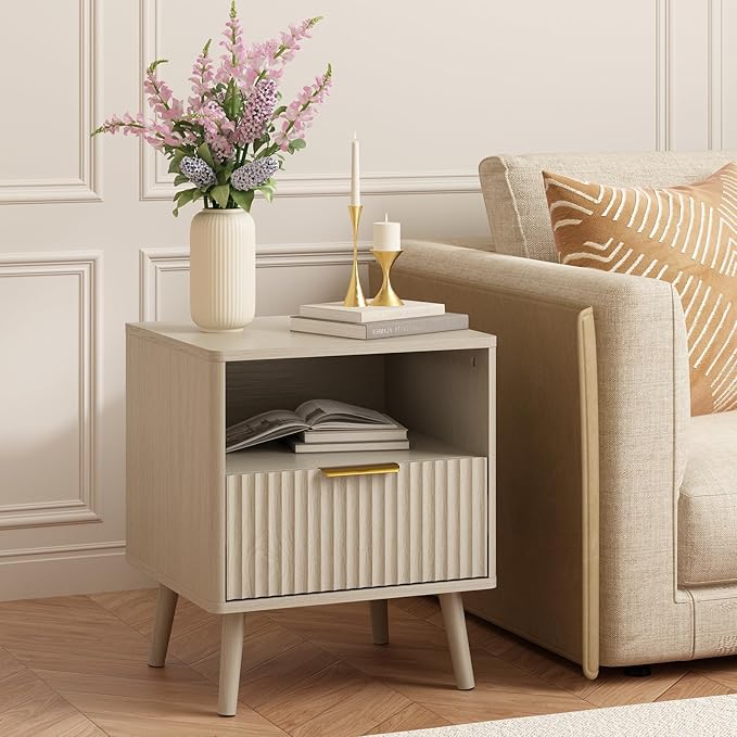 CARPETNAL Fluted Nightstand, Beige Bedside Table with Drawer and Storage Shelf, Wood End Table Mid Century Night Stands for Bedroom Living Room