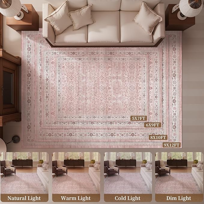 MontVoo-Vintage Area Rugs 8X10 Pink Rugs for Living Room-Soft Distressed Printed Rugs for Bedroom-Non Slip Carpet-Machine Washable Rug for Dining Room Living Room Bedside Office
