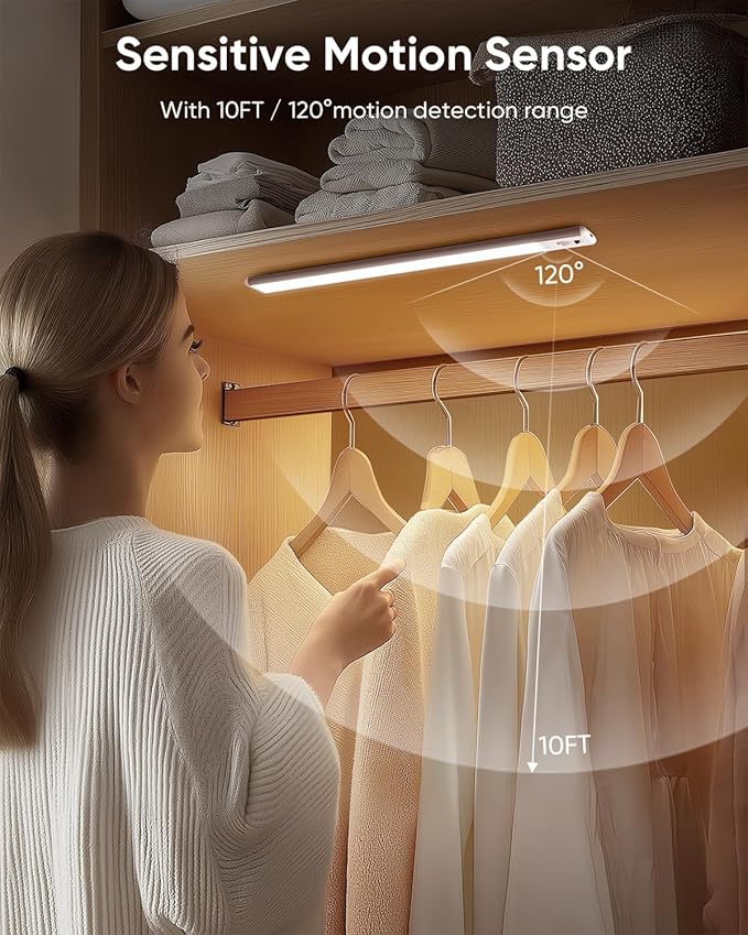 Under Cabinet Lighting Wireless, Rechargeable 62 LED Motion Sensor Light Indoor, 3 Color Temps Closet Lights with Remote Control, Dimmable Magnetic Under Counter Lights for Kitchen, Stairs, 4 Pack