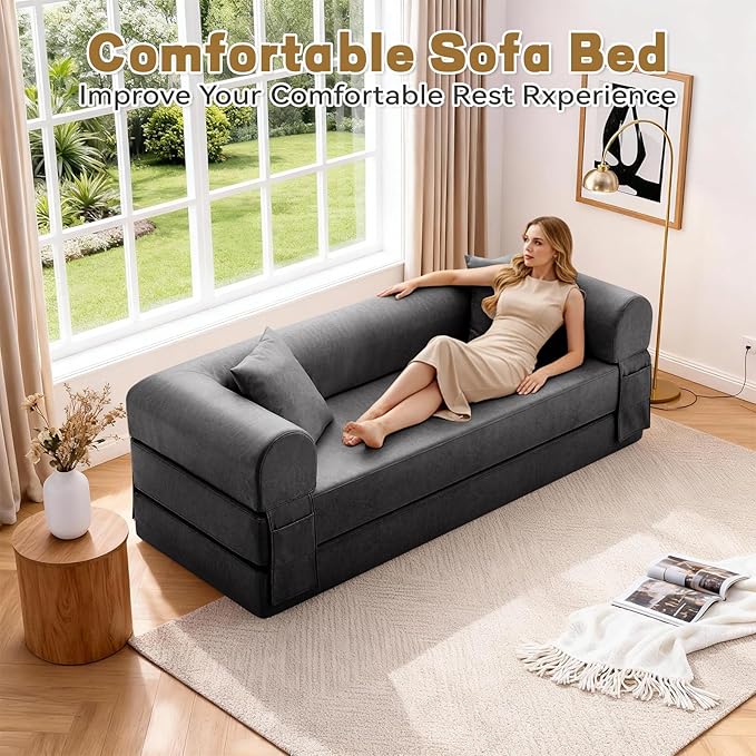 Convertible Sleeper Sofa Bed,78.5 Inch Faux Leather Futon Couch with Pillows & Storage Pocket,5-in-1 Folding Sofa Bed Queen with Pull Out Beds,Boneless Couches for Living Room,Couch in a Box,Gray