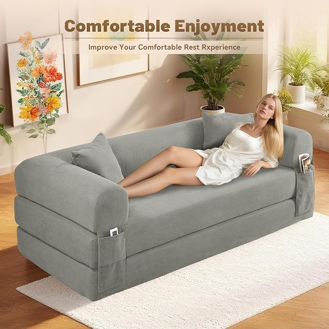 Convertible Futon Sofa Bed,80" Folding Pull Out Couch Bed with Storage,Queen Sleeper Sofa Bed,Compressed Couch in a Box,Corduroy Boneless Couches for Living Room,Light Grey