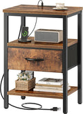 SUPERJARE Nightstand with Charging Station, Bed Side Table with Adjustable Fabric Drawer, Night Stand for Bedroom, 3-Tier Storage End Table, for Living Room, Rustic Brown