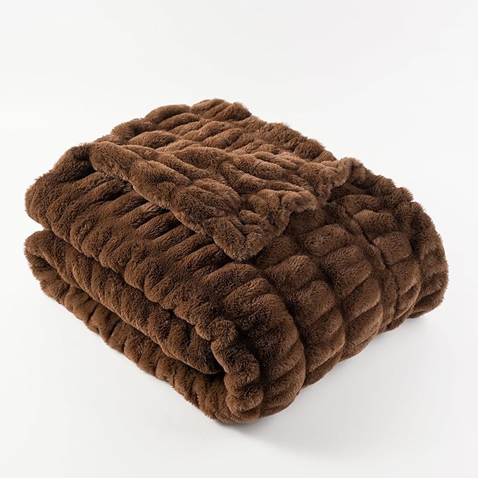 BATTILO HOME Chocolate Brown Faux Fur Throw Blanket for Couch, Double Side Reversible Ruched Rabbit Fur Blanket for Couch, Bed, Super Soft Cozy Warm Mink Blanket, 50x60 Inches