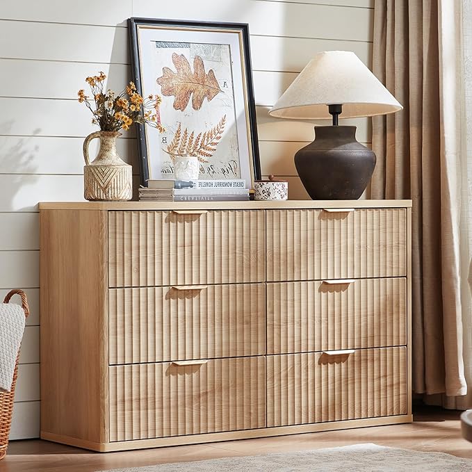 LEYAOYAO 48" Wide Fluted Dresser and 1 Drawers 23" Nightstand Set of 2, Wooden Dresser & Night Stand with Charging Station, 3 Piece Bedroom Furniture Set, Chest of Drawer for Living Room,Natural Wood