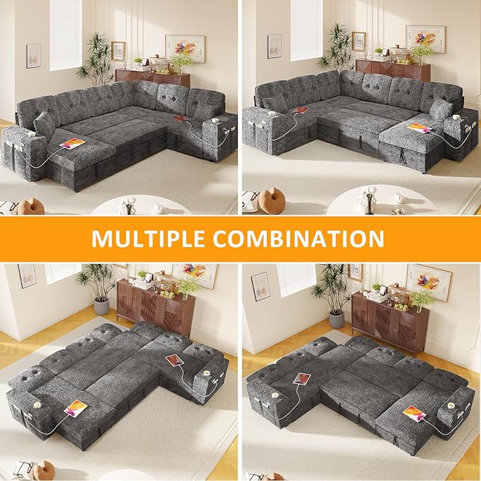 Modular Sectional Sleeper Sofa with Pull Out Bed, U Shaped 7 Seat Sectional Couches for Living Room, 108 Inch Sofa Bed with Adjustable Backrest | Hidden Storage | Wide Armrest | Grey