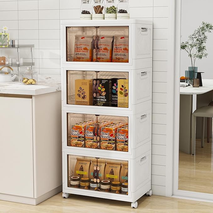 Storage Bins with Lids and Wheels, 440QT-110QT*4Tier Collapsible Bathroom Storage Cabinet with Clear Doors, Plastic Stackable Closet Organizers and Containers White
