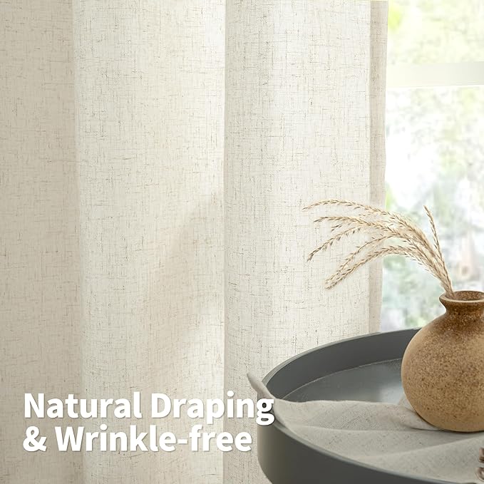 YoungsTex Beige Linen Curtains 80 Inches Length for Living Room, Natural Semi Sheer Drapes with Grommet Light Filtering Window Treaments for Bedroom Dining, 2 Panels, 52 X 80 Inch