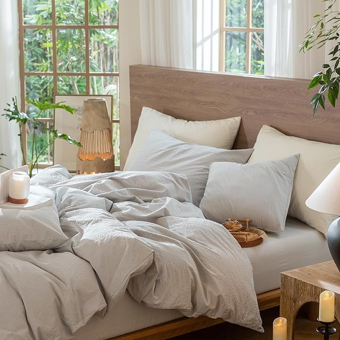 MooMee Wavy Striped Duvet Cover Set 100% Washed Cotton Linen Like Textured Breathable Durable Soft Comfy (Light Grey, Twin 68"x90")