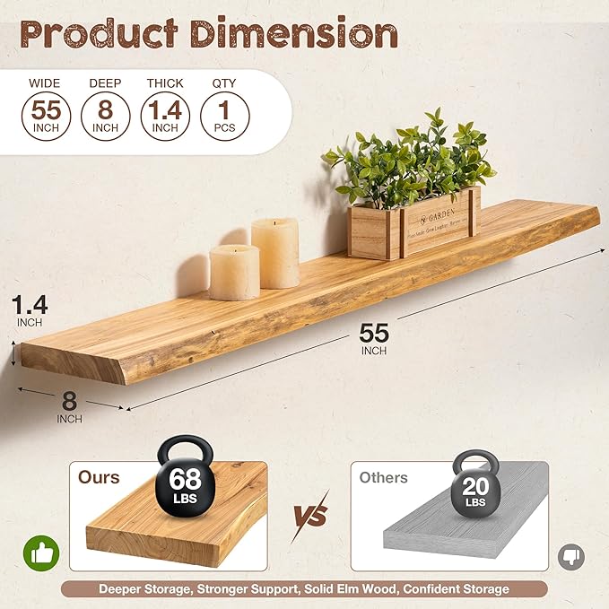 fuqing Live Edge Floating Shelves for Wall 55 inch, 8 Inch Deep Solid Elm Wood Floating Wall Shelves - Rustic Wooden Shelves with Invisible Brackets for Living Room Bedroom Kitchen, 1 Pack, Natural