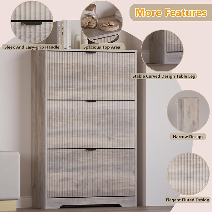 Entryway Shoe Cabinet with 3 Flip Drawers, Narrow Shoe Organizer Cabinet with Fluted Panel and Adjustable Shelves for Foyer, Hallway