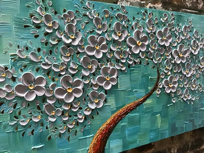 YaSheng Art- 3D Flowers Artwork Oil Painting On Canvas 100% Hand Painted Texture Silver Flowers Paintings Modern Canvas Wall Art Home Bedroom Living Room Office Wall Decor 24x48inch