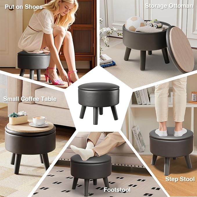 FIMIVIBI Small Foot Stool Ottoman with Storage, Faux Leather Ottoman Foot Rest for Couch, Round Footstool Ottomans for Living Room (Black)