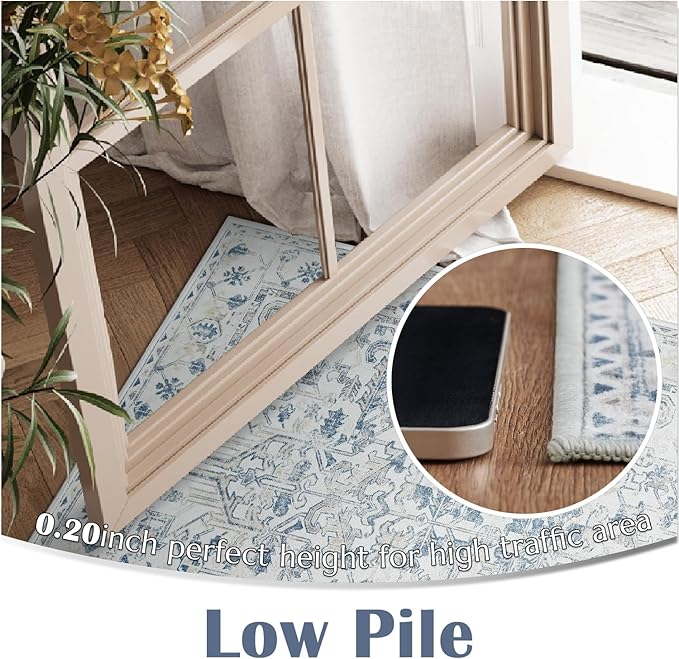 jinchan Lima Hallway Runner Rug 2x8 Washable - Vintage Floral Non Slip Low-Pile Soft Ultra-Thin Faux Wool Kitchen Rug Distressed Carpet Runner for Farmhouse Bedroom Laundry (2x8ft, Blue)