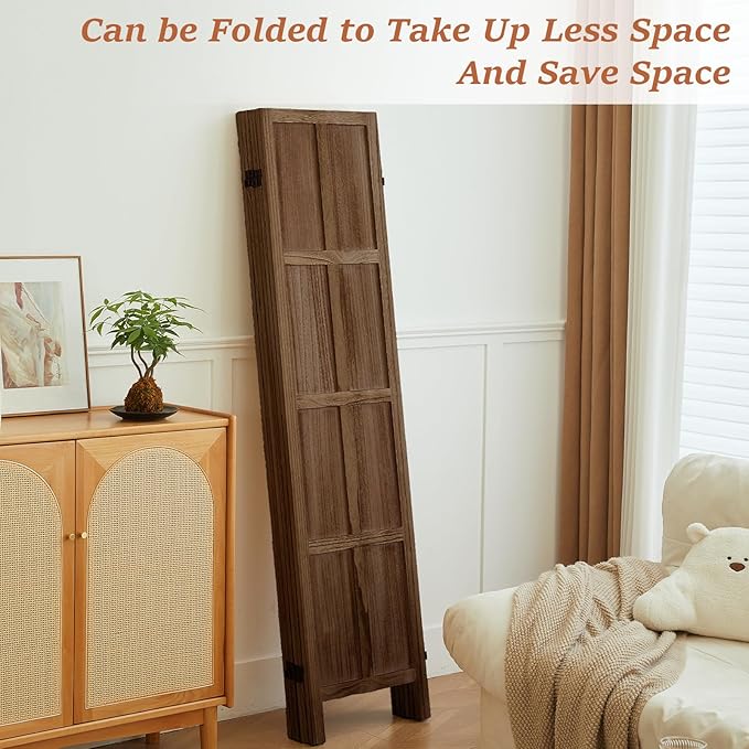 Leesinwing Wood Room Divider 6 Panel Folding Privacy Screen, Classic 5.6Ft Indoor Wooden Partition, Portable Partition Wall Divider for Room Separation, Home, Office, Bedroom, Restaurant (Brown)