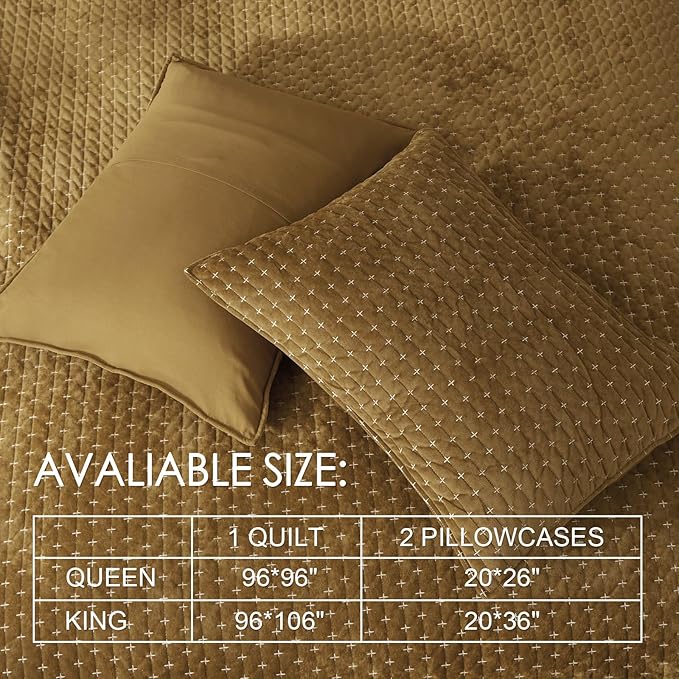 Powdion Velvet Quilt King Size,Bedspread Quilted Bedding Set,Luxurious Soft Coverlet Set Lightweight Velvet Comforter with Pillow Shams Brown, 96x106 Cross Stitch Striped Quilt Set